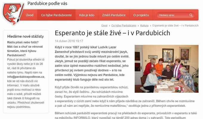 článek o pardubickém klubu na webu - artikolo pri la klubo Pardubice en interreto (2016)